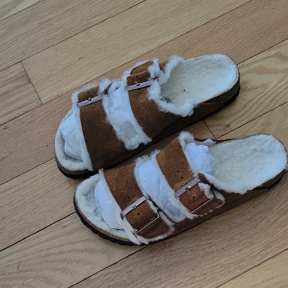 Birkenstock Arizona Shearling And Suede Sandal In Mink